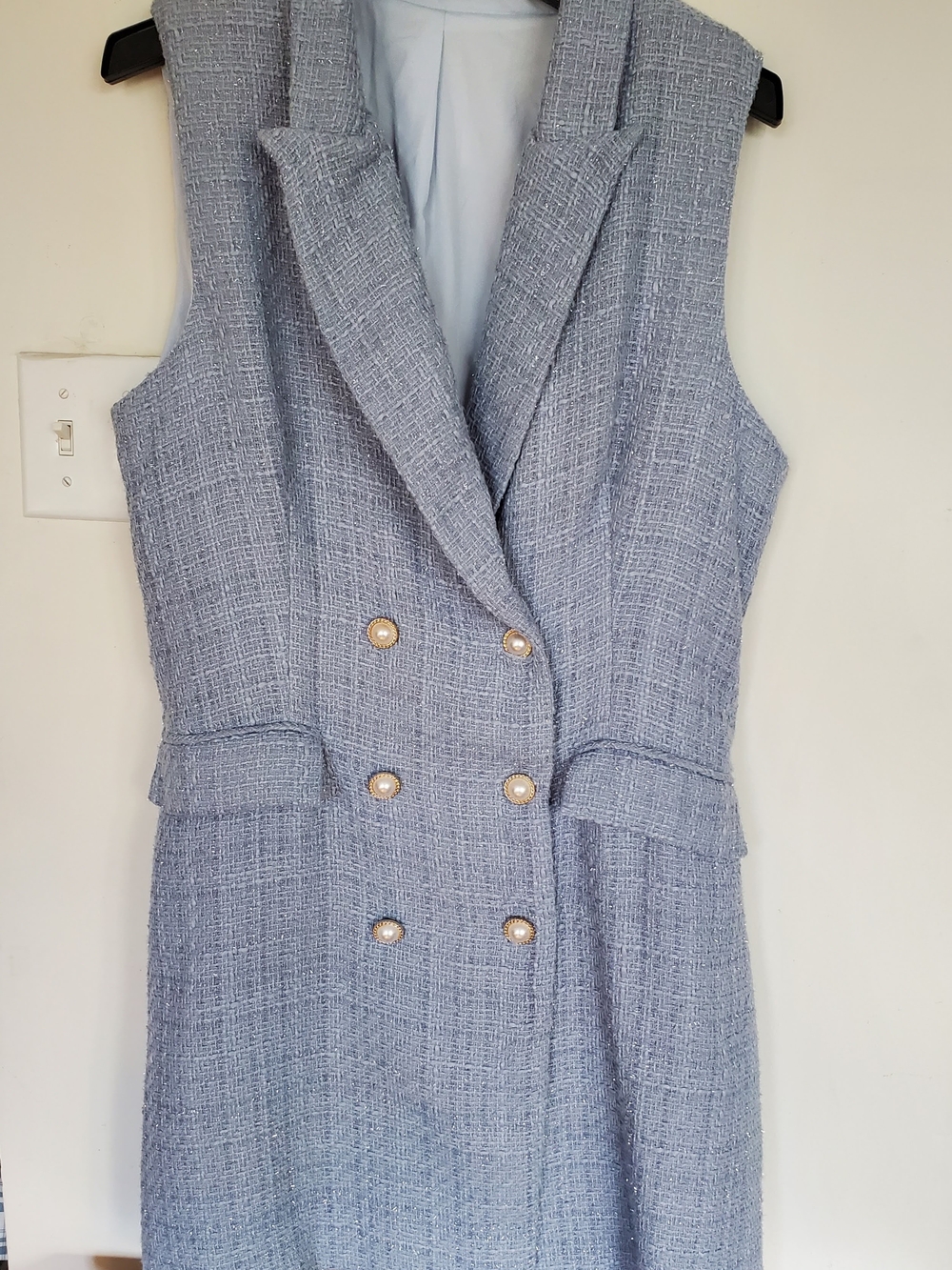 SHEIN Light Blue Sleeveless Double-Breasted Tweed Vest Dress